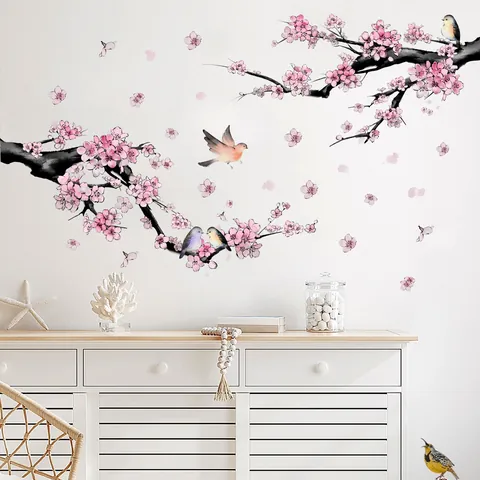 Peach Blossom Branches And Birds Wall Sticker Chinese Ink Style Self Adhesive PVC Mural For Living Room Bedroom Home Decor