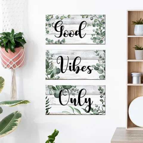 Adesivi Murali Foglie Di Eucalipto Good Vibes Only PVC Autoadesivo Sfondo Venature Del Legno Per Decorazione Soggiorno Camera Casa