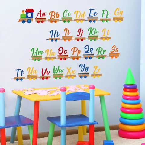 Cartoon Bunter Alphabet Zug Wandtattoo Pädagogische ABC Buchstaben PVC Selbstklebende Aufkleber Für Kinderzimmer Deko