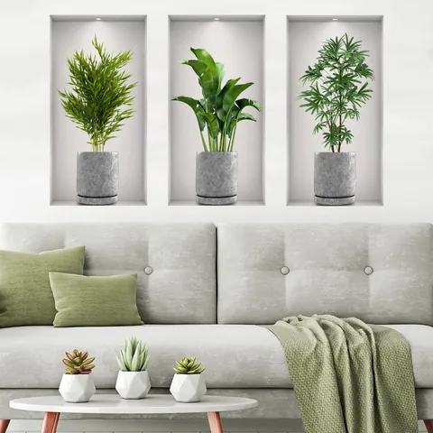 Adesivi Murali Piante Verdi In Vaso 3D PVC Autoadesivo Stile Nicchia Falsa Finestra Decorazione Casa