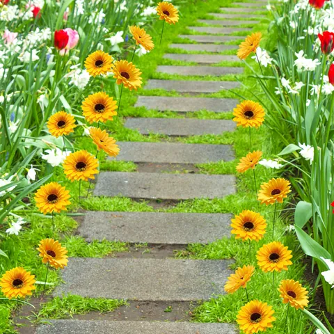 Estacas de Jardín de Girasol Artificial Decoraciones al Aire Libre Flores de Satén Poste de Metal para Césped Camino Patio