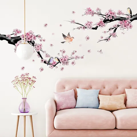 Peach Blossom Branches And Birds Wall Sticker Chinese Ink Style Self Adhesive PVC Mural For Living Room Bedroom Home Decor