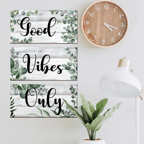 Adesivi Murali Foglie Di Eucalipto Good Vibes Only PVC Autoadesivo Sfondo Venature Del Legno Per Decorazione Soggiorno Camera Casa