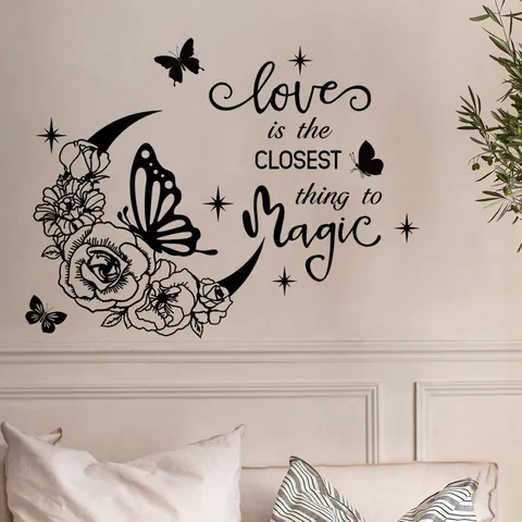 Black Moon Flower Butterfly Wall Sticker Love Is The Closest Thing To Magic Quote PVC Waterproof Removable Home Bedroom Mural Decor