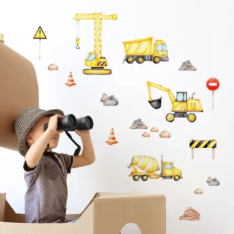 Watercolor Construction Vehicle Wall Stickers For Kids Room Decor Excavator Crane Mixer Truck Removable PVC Wall Decals For Nursery Playroom Bedroom