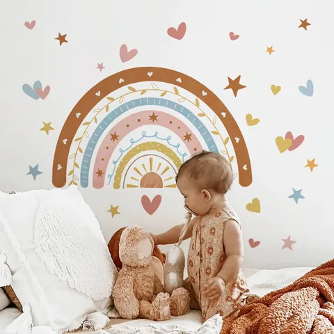 Bohemian Regenboog Muursticker Voor Kinderkamer PVC Zelfklevend Kinderkamer Decor Met Harten Sterren Aardetinten Morandi Muursticker