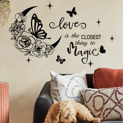 Black Moon Flower Butterfly Wall Sticker Love Is The Closest Thing To Magic Quote PVC Waterproof Removable Home Bedroom Mural Decor