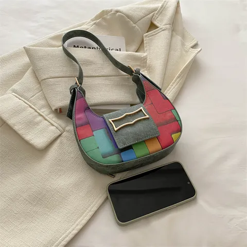 Bolso de Axila de Media Luna con Bloques de Color de Moda para Mujer Bolso Hobo de Patchwork Vintage Con Hebilla de Metal Dorado Bolso de Hombro Geométrico