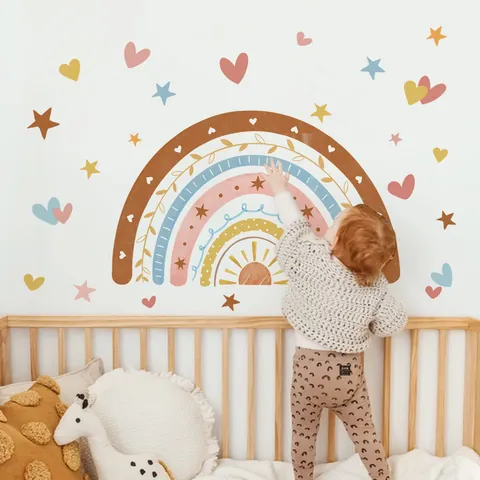Bohemian Regenboog Muursticker Voor Kinderkamer PVC Zelfklevend Kinderkamer Decor Met Harten Sterren Aardetinten Morandi Muursticker