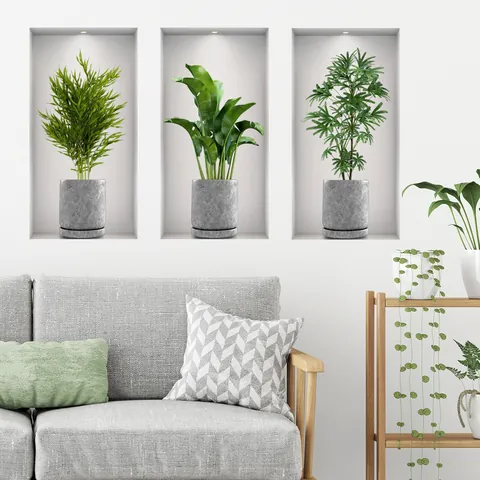Adesivi Murali Piante Verdi In Vaso 3D PVC Autoadesivo Stile Nicchia Falsa Finestra Decorazione Casa