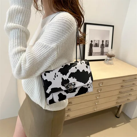 Women Cow Leopard Print Shoulder Bag PU Leather Metal Chain Strap Small Square Bag Retro Underarm Crossbody Handbag Jewelry