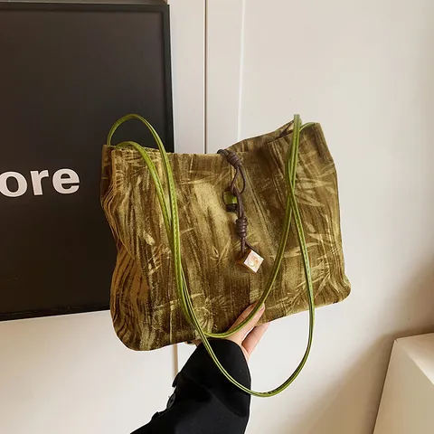 Vintage Chinese Style Bamboo Leaf Pattern Tote Bag Large Capacity Velvet Texture Shoulder Bag Magnetic Buckle Women Bag