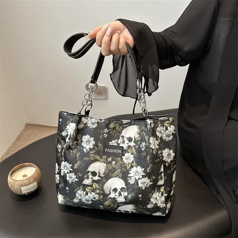Women's Large Capacity Oxford Cloth Tote Bag Gothic Skull Floral Print Casual Shoulder Handbag Daily Commuter