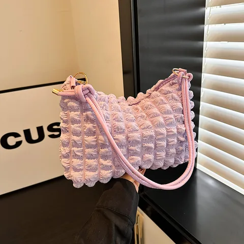 Borsa a Tracolla Plissettata a Bolle Popcorn da Donna Moda Morbida Borsa Sottobraccio Hobo Trendy Tote con Cerniera Handbag