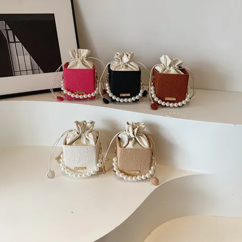 Mini Box Bucket Bag Pleated PU Leather With Faux Artificial Pearl Handle And Metal Chain Strap Drawstring Closure For Women