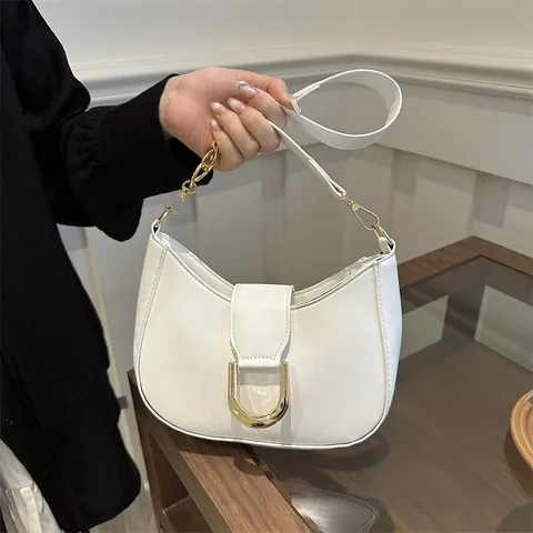 Minimalist PU Leather Underarm Bag For Women Fashion Solid Color Crescent Shoulder Bag With Gold Chain And D-Buckle Handbag