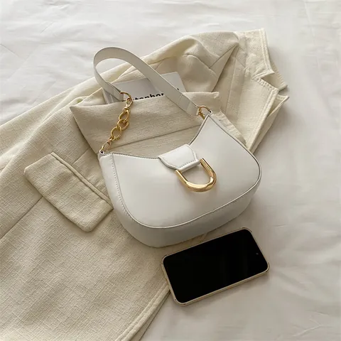 Minimalist PU Leather Underarm Bag For Women Fashion Solid Color Crescent Shoulder Bag With Gold Chain And D-Buckle Handbag