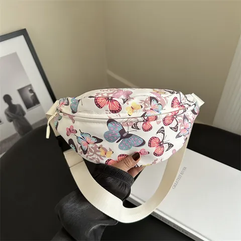Butterfly Print Waist Bag Women Nylon Fashion Chest Bag Adjustable Strap Casual Crossbody Bag For Travel Daily