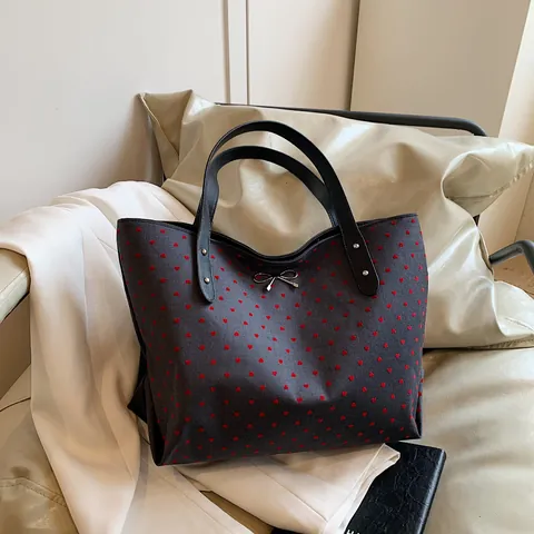 Bolso Tote de Gran Capacidad para Mujer de Lona Estampada Con Correa de PU y Adorno de Lazo de Metal para Uso Diario