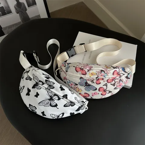 Butterfly Print Waist Bag Women Nylon Fashion Chest Bag Adjustable Strap Casual Crossbody Bag For Travel Daily