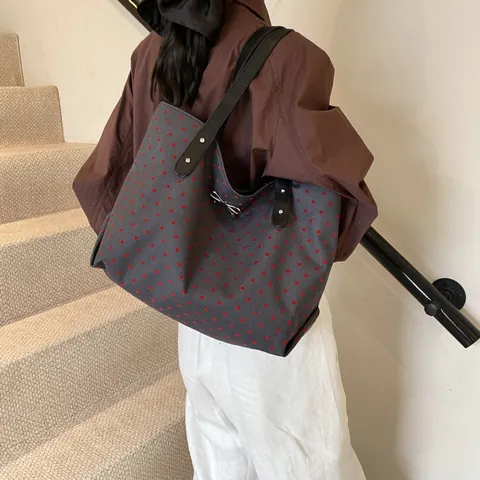 Bolso Tote de Gran Capacidad para Mujer de Lona Estampada Con Correa de PU y Adorno de Lazo de Metal para Uso Diario