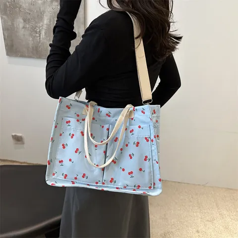 Sac Fourre-Tout en Toile Grande Capacité Avec Imprimé Cerise Sac à Main Style Frais pour Femmes Sac à Bandoulière Multi Poches