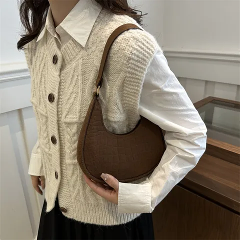 Minimalist Felt Underarm Bag For Women Fashion Crocodile Embossed Shoulder Bag Casual Solid Color Large Capacity Handbag