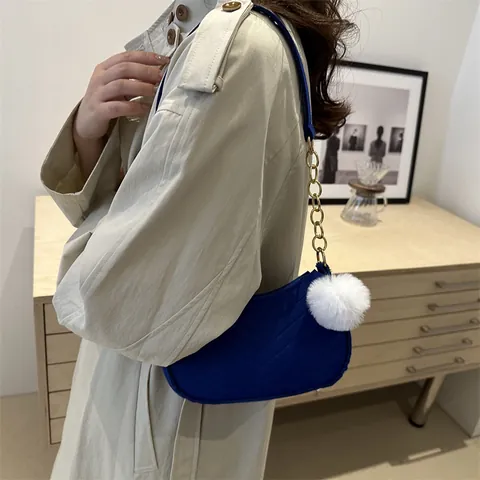 Women Fashion Chevron Quilted Felt Underarm Bag With Metal Chain And Plush Ball Pendant Minimalist Casual Shoulder Bag