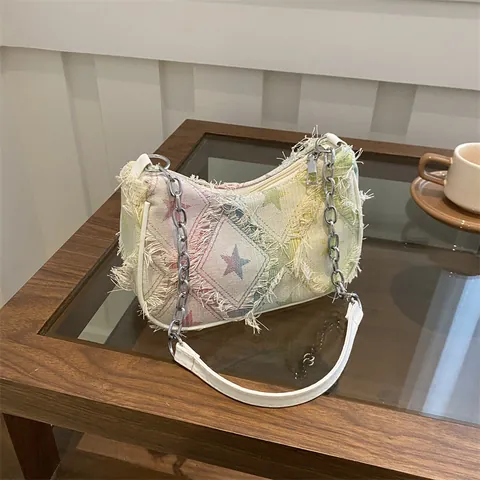 Women Vintage Denim Star Checkerboard Shoulder Bag With Metal Chain Frayed Edge Fashion Daily Underarm Small Square Bag