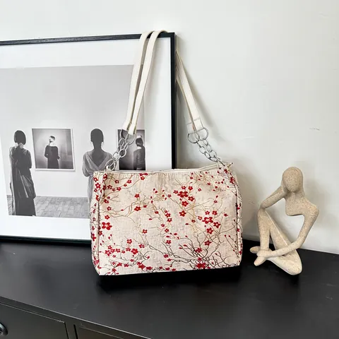 Bolso Tote Bordado de Estilo Chino para Mujer Gran Capacidad de Tela Satinada Bolso de Axila Con Correa de Cadena
