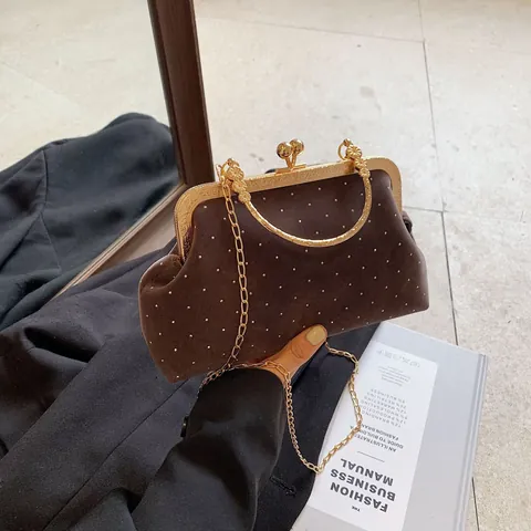 Vintage Samt Abendtasche Mit Punktmuster Strass Gold Metallgriff Kette Crossbody Handtasche Für Damen Bankett Party Geschenk