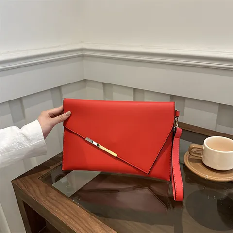 Fashion PU Leather Envelope Clutch Bag For Women Minimalist Gold Metal Strip Wristlet Handbag Evening Party Wedding Daily Square Wallet