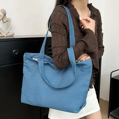 Bolso Tote de Lona para Mujer de Gran Capacidad Minimalista Textura Denim Bolso de Hombro Casual Compras Bolso de Viaje Urbano