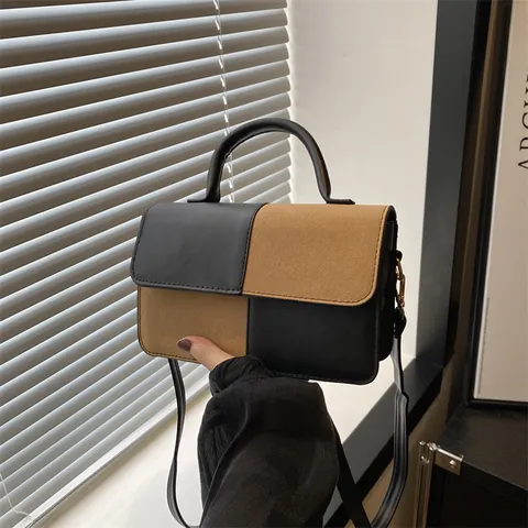 Borsa a Mano da Donna con Patchwork a Contrasto in Pelle PU Piccola Borsa a Tracolla Quadrata Con Tracolla Regolabile Per Pendolarismo
