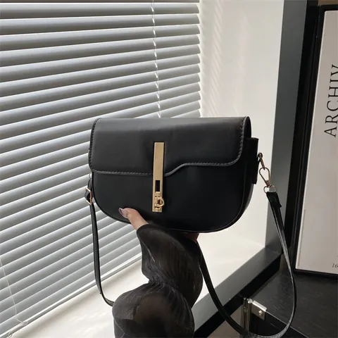 Vintage Minimalistisch PU Leren Zadeltas Dames Goud Metalen Slot Schouder Crossbody Tas Mode Dagelijkse Tas