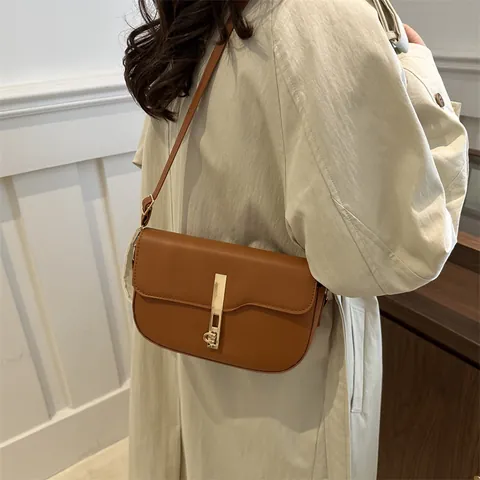 Vintage Minimalistisch PU Leren Zadeltas Dames Goud Metalen Slot Schouder Crossbody Tas Mode Dagelijkse Tas