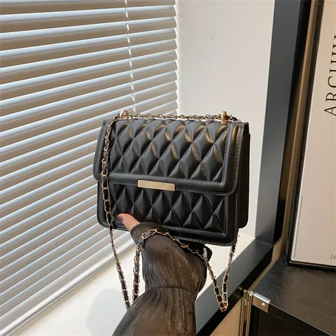 Fashion Women Quilted PU Leather Small Square Bag With Chain Shoulder Strap Elegant Commuting Crossbody Bag For Ladies