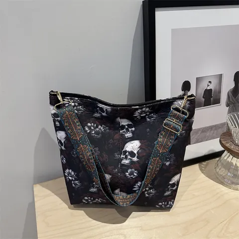 Vintage Gothic Skull Floral Print Tote Bag Large Capacity Nylon Shoulder Bag With Wide Strap Fashion Women Satchel