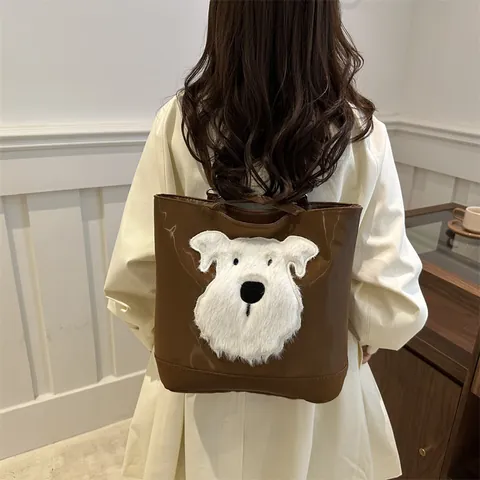 Damen Koreanischer Stil Große Kapazität Einkaufstasche Süßem Plüsch Hund Patch PU Leder Schultertasche Multifunktions Rucksack