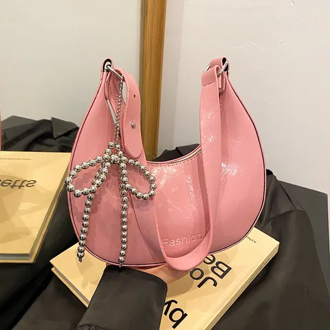 Fashion Women PU Leather Hobo Bag Crescent Half Moon Underarm Shoulder Bag With Bow Bead Charm Minimalist Dumpling Bag