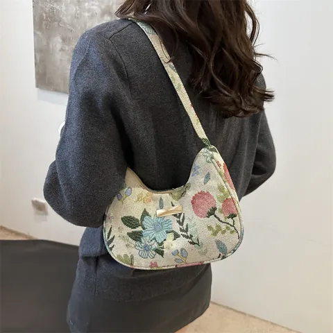 Borsa Sottobraccio Jacquard Floreale Vintage Donna Motivo Fragola in Velluto a Coste Borsa a Tracolla Hobo Dolce Moda
