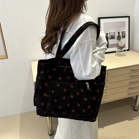 Grande Capacità Velluto a Coste Stampa Fragola Borsa Tote Donna Casual Borsa a Spalla Con Tasca Frontale Zip Scuola