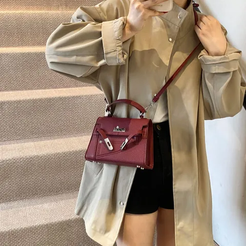 Borsa a Mano da Donna con Motivo Litchi in Pelle PU Stile Francese Kelly Borsa a Tracolla per Pendolarismo Quotidiano