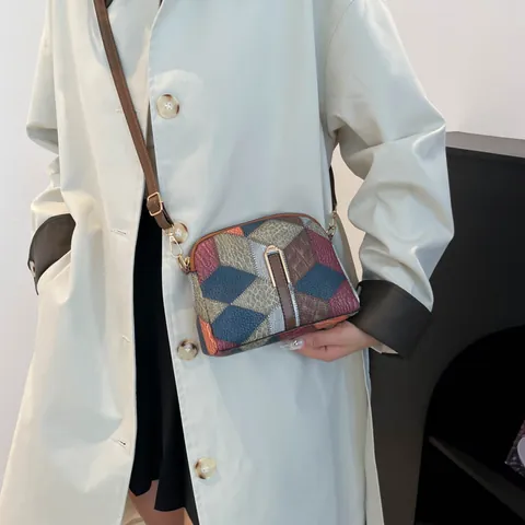 Bolso Bandolera Patchwork Vintage para Mujer Cuero PU Geométrico Color Block Bolso de Hombro Moda Casual Cuadrado Pequeño Bolso