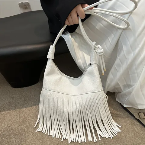 Borsa a Spalla da Donna in Pelle PU con Nappe Borsa Hobo Bohémien con Manico Annodato Grana Litchi Grande Capacità Tote