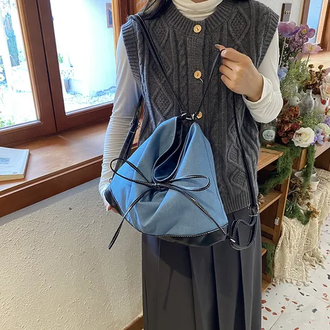 Borsa Shopping Vintage Denim Tela Grande Capacità Patchwork Fiocco Borsa a Tracolla da Donna Casual Pendolare Gioielli