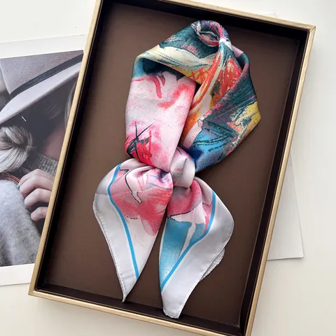 Vintage Elegant Oil Painting Floral Print Satin Square Scarf For Women Silk Like Neck Head Scarf Hair Band Handbag Scarf