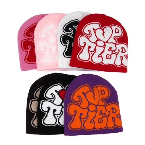Y2K Streetwear Acrylic Knit Beanie Hat For Men Women Top Tier Letter Heart Jacquard Warm Windproof Winter Slouchy Cold Cap