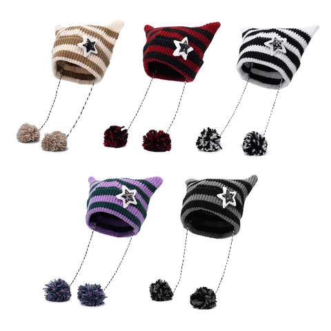 Damen Gestreifte Katzenohren Beanie Mütze Kleiner Teufel Strickmütze Mit Stern Patch Bommeln Lange Quasten Y2K Gothic Winter Warme Kopfbedeckung
