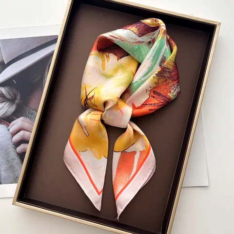 Vintage Elegant Oil Painting Floral Print Satin Square Scarf For Women Silk Like Neck Head Scarf Hair Band Handbag Scarf
